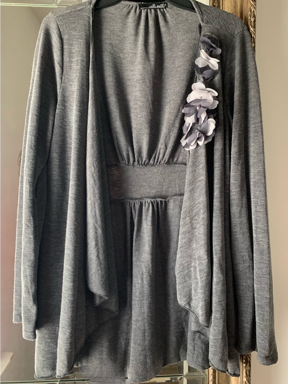 Willi Smith Gray Open-Front Cardigan with Floral Trim